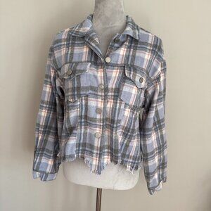 Altar'd State Women’s Soft Blue Plaid Flannel Cutoff Shacket Size XS